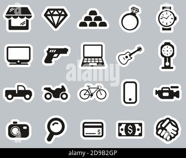 Pawn Shop Or Thrift Store Icons Black & White Sticker Set Big Stock Vector