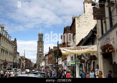 Ayr High Street, Ayrshire, Scotland, UK Dominated by the Wallace Tower whilst to the right is the famous inn the  Tam o Shanter Stock Photo