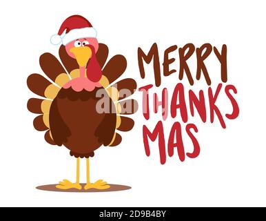 Merry Thanksmas (Merry Christmas and Happy Thanksgiving 2 in one) Autumn color poster with cute Turkey cartoon. Good for posters, greeting cards, bann Stock Vector