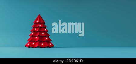 Red paper Christmas tree decorated with lights on blue background 3D Rendering Stock Photo