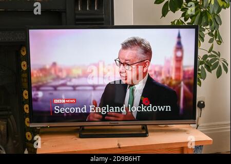 Michael Gove, Government Minister, discussing the announcement of a 'second England lockdown' against Coronavirus; text ' Second England Lockdown.' Stock Photo