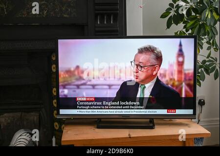 Michael Gove, Government Minister, discussing the announcement of a 'second England lockdown' against Coronavirus; text 'England Lockdown.' BBC news. Stock Photo