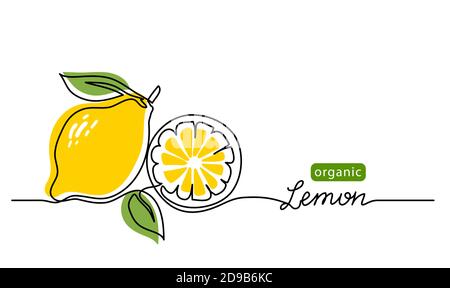 Lemon vector illustration. One continuous line drawing art illustration with lettering organic lemon Stock Vector