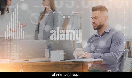 Businessman using laptop while coworkers interacting on background at office, collage with financial data Stock Photo