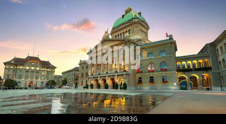 Panoramic view of square with fountain and Swiss Federal Parliament. Bern. Switzerland Stock Photo