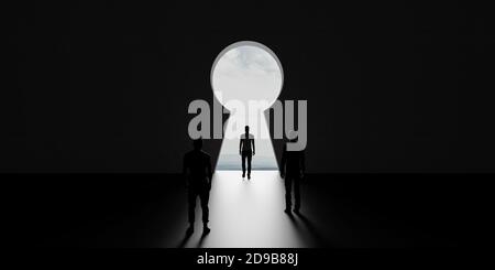 Man getting out of dark room trough keyhole shape doorway. Abstract business concept 3d render 3d illustration Stock Photo