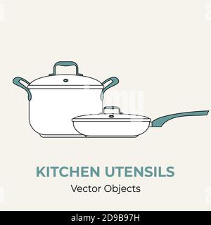 Frying pan stock pot cookware simple form vector illustration. Line illustration isolated logo icon restaurant menu Stock Vector