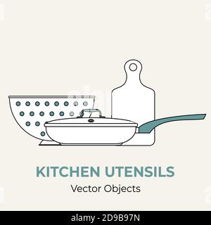 Frying pan chopping board colander cookware simple form vector illustration. Vector illustration isolated logo icon Stock Vector
