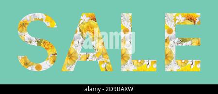 Sale sign made from flowers. Collage  with  flowers.  Text: sale. Lettering. Easy background change is possible Stock Photo