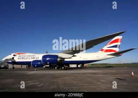British Airways 747-8f unloads at Glasgow Prestwick Airport, South ayrshire, Scotland UK Stock Photo