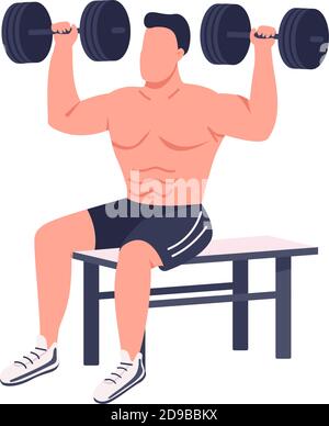 Bodybuilder lifting dumbbells flat color vector faceless character Stock Vector