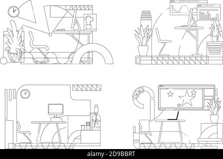 Contemporary office interior designs outline vector illustrations set Stock Vector