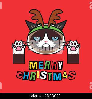 Grumpy cat in costume christmas deer on red Stock Vector