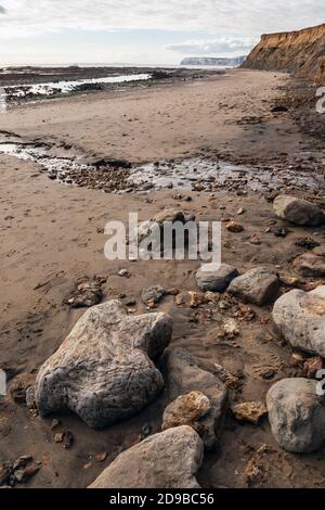 Fossilised dinosaur footprint at Compton Bay, Isle of Wight Stock Photo