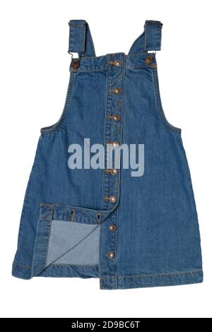 Closeup of cute sleeveless blue denim overall dress for little child girl  isolated on a white background. Jeans fashion for kids Stock Photo - Alamy