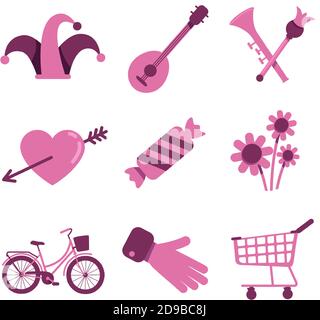 Valentines Day and shopping flat color vector objects set Stock Vector