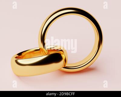 Two wedding gold rings lie in each other. Love concept. 3d rendering Stock Photo