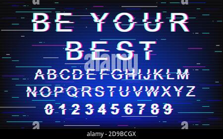 Be your best glitch font template. Retro futuristic style vector alphabet set on blue background. Capital letters, numbers and symbols. Contemporary Stock Vector