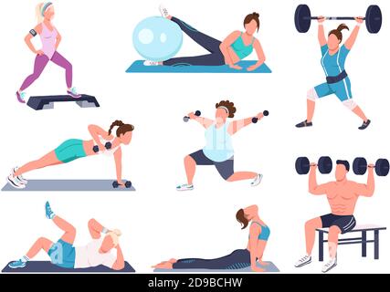 Working out people flat color vector faceless characters set Stock Vector