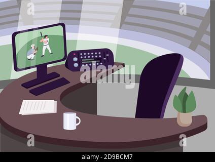 Sports commentator workplace flat color vector illustration Stock Vector