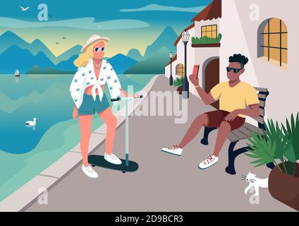 Couple taking selfie at waterfront area flat color vector illustration Stock Vector