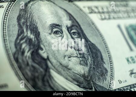 Benjamin Franklin face on us one hundred dollar bill macro, united states money closeup Stock Photo