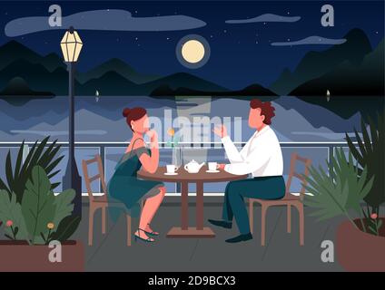 Romantic date in seaside resort town flat color vector illustration Stock Vector