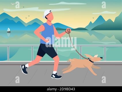 Man running with dog on seafront flat color vector illustration Stock Vector