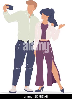 Models taking selfie flat color vector faceless characters Stock Vector