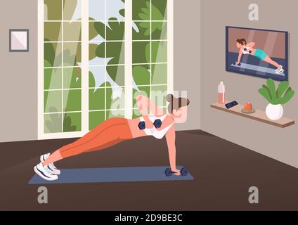 Working out at home flat color vector illustration Stock Vector