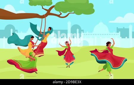 Teej celebration flat color vector illustration Stock Vector