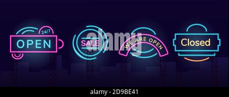 Storefront vector neon light board sign illustrations set Stock Vector