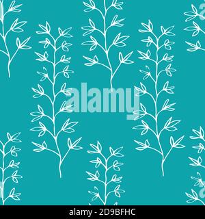 Wild meadow grass seamless vector pattern background. White line art long vertical foliage stems on aqua blue backdrop. Scribbled hand drawn botanical Stock Vector