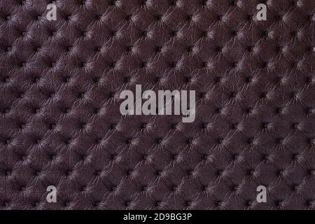 Texture of dark brown leather background with capitone pattern, macro. Purple textile of retro Chesterfield style. Vintage fabric backdrop. Stock Photo
