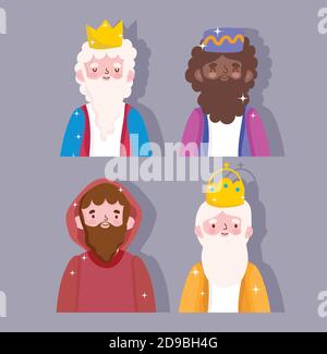 nativity, manger characters wise kings and jospeh cartoon vector illustration Stock Vector
