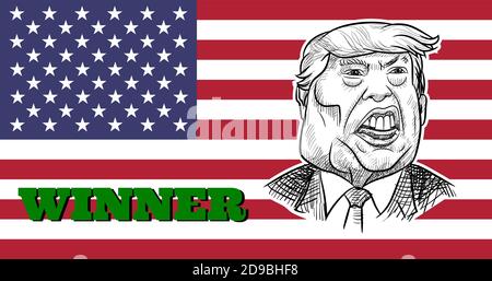 Nov 4, 2020, Bangkok, Thailand: Caricature drawing portrait of Republican Donald Trump, the winner for American President Election 2020, on US flag. Stock Vector
