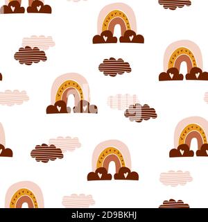 Seamless pattern with boho hand drawn rainbows and clouds on white background. Vector illustration. Stock Vector
