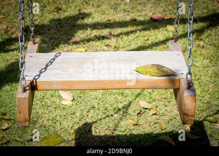 Swings in the garden with foliage on the lawn. Stock Photo