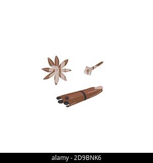 Spices set. Cinnamon sign. Star anise icon. Cloves image. Doodle hand drawn vector illustration Stock Vector