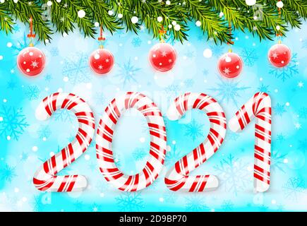 Merry Christmas and Happy New Year with 2021 in red and white swirl candy style and evergreen christmas tree branches. Vector illustration Stock Vector