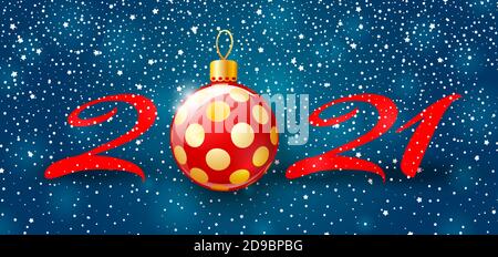Merry Christmas and Happy New Year 2021 banner. Holiday vector illustration with snow background, red number and christmas ball Stock Vector