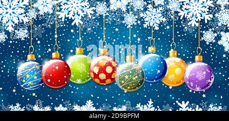Merry Christmas and Happy New Year banner. Holiday vector illustration with colorful Christmas balls and paper snowflakes on blue background Stock Vector