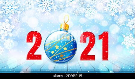Merry Christmas and Happy New Year 2021 banner. Holiday vector illustration with paper snowflakes background, red number and christmas ball on wooden Stock Vector