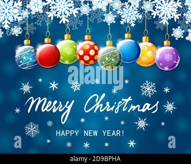 Merry Christmas and Happy New Year banner. Holiday vector illustration with colorful Christmas balls and paper snowflakes on blue background Stock Vector