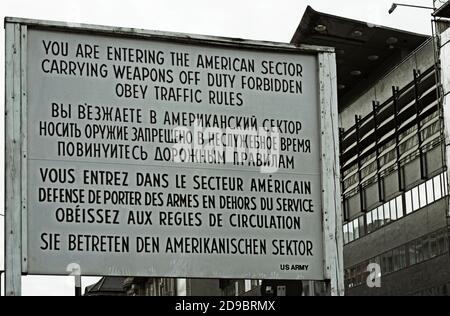 American Sector entry sign, Checkpoint Charlie, Friedrichstrasse, Berlin, Germany Stock Photo