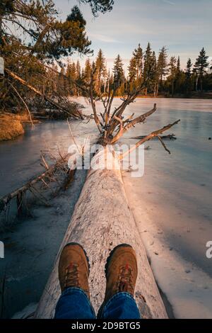 Hiking boots on male feet on dead tree in a frozen over Reflection Lake in Lassen Volcanic National Park in Northern California. Stock Photo