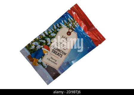 packet of M&S raspberry, blackcurrant & cola flavour Paddington Treats sweets  isolated on white background - Merry Christmas Stock Photo