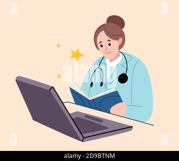 Video communication, consultation with an online doctor.The doctor gives information about the treatment and the state of health. The doctor smiles. Stock Vector