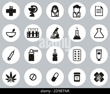 Pharmacy Or Drugstore Icons Black & White Flat Design Circle Set Big Stock Vector