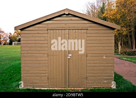 Shed in a football field used for storage or as changing rooms. Stock Photo